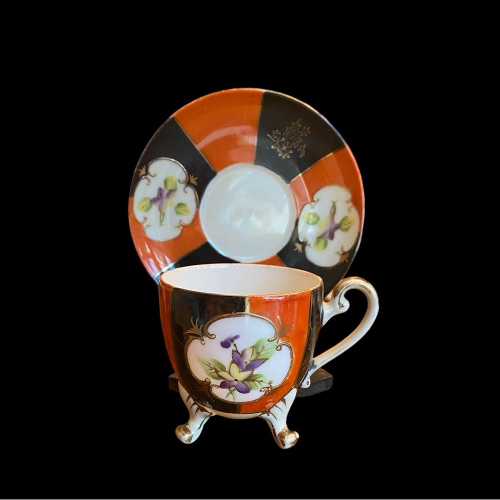 UCAGCO Vintage Footed Demitasse Cup Saucer Set Hand Painted Japan Orange Black